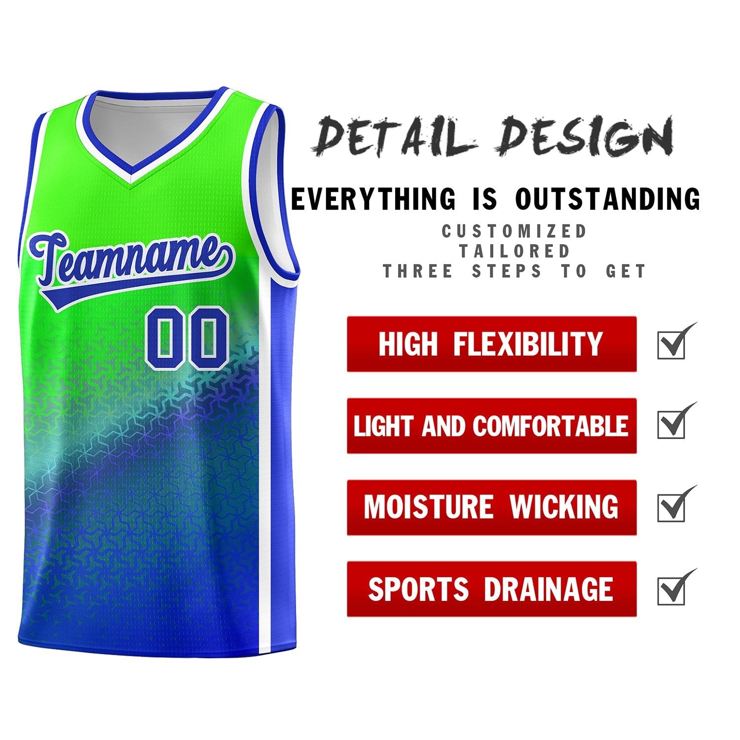 Custom Fluorescent Green Royal Gradient Design Irregular Shapes Pattern Sports Uniform Basketball Jersey