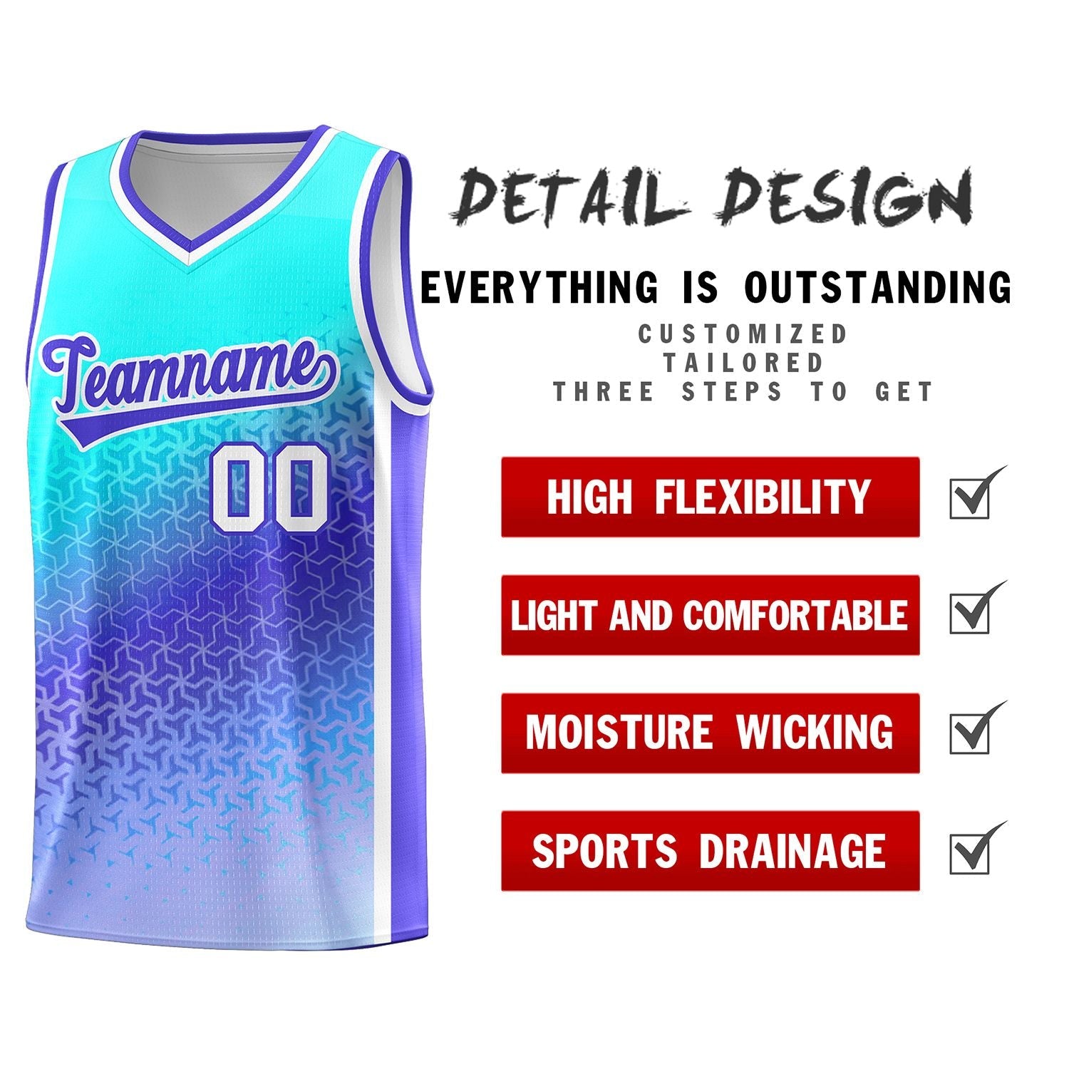 Custom Sky Blue Light Purple Gradient Design Irregular Shapes Pattern Sports Uniform Basketball Jersey