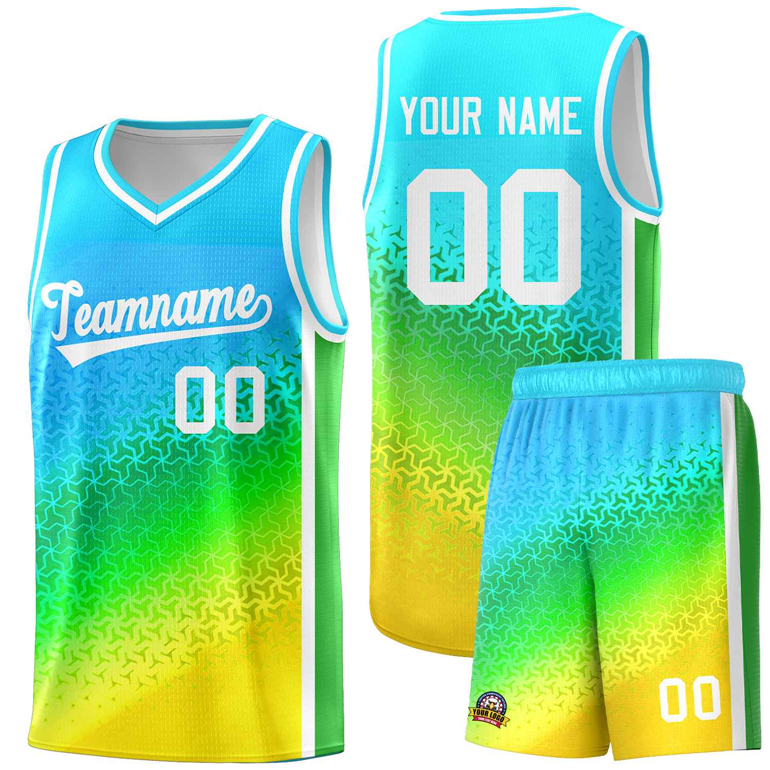 Custom Sky Blue Light Purple-Gold Gradient Design Irregular Shapes Pattern Sports Uniform Basketball Jersey