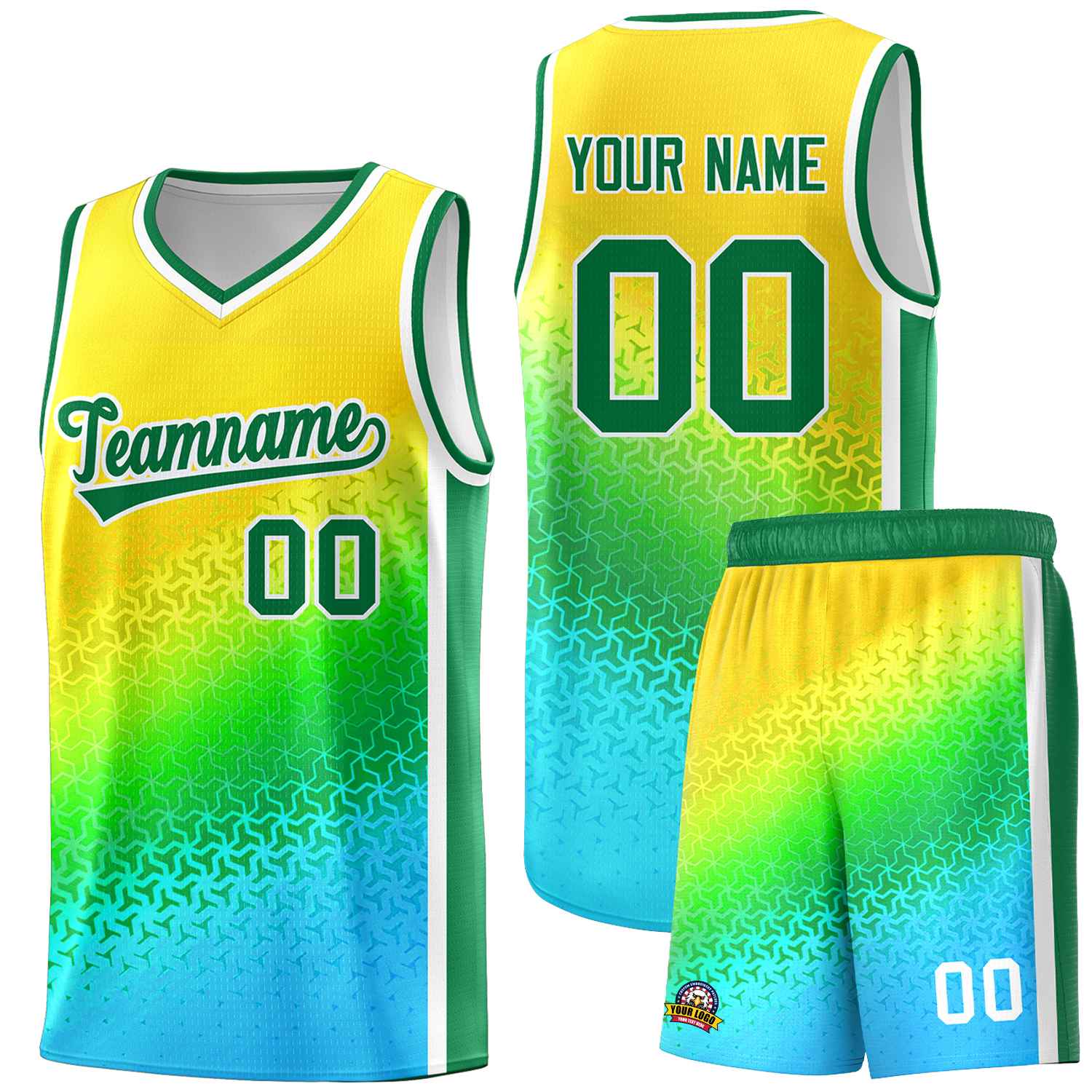 Custom Gold Light Green-Sky Blue Gradient Design Irregular Shapes Pattern Sports Uniform Basketball Jersey