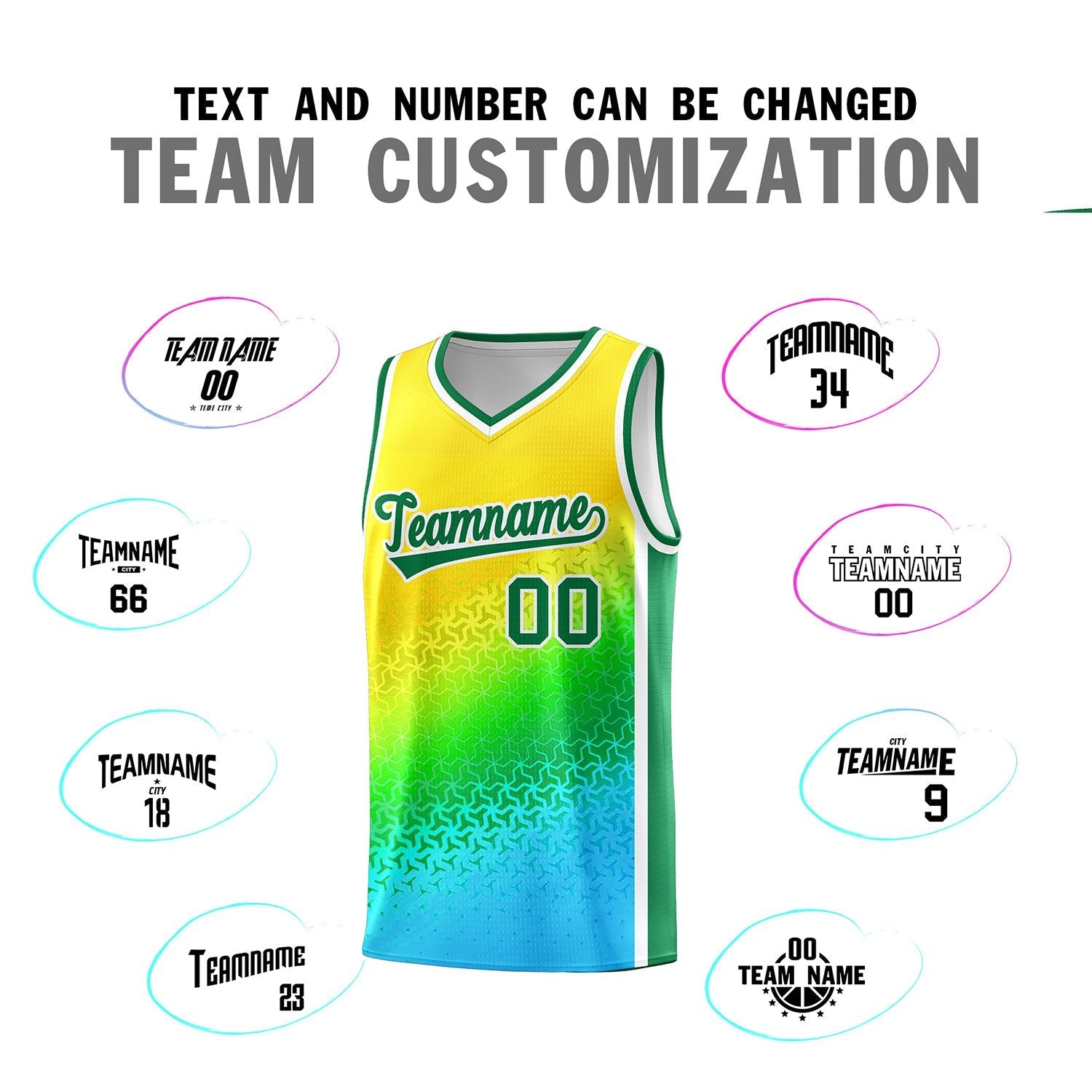 Custom Gold Light Green-Sky Blue Gradient Design Irregular Shapes Pattern Sports Uniform Basketball Jersey