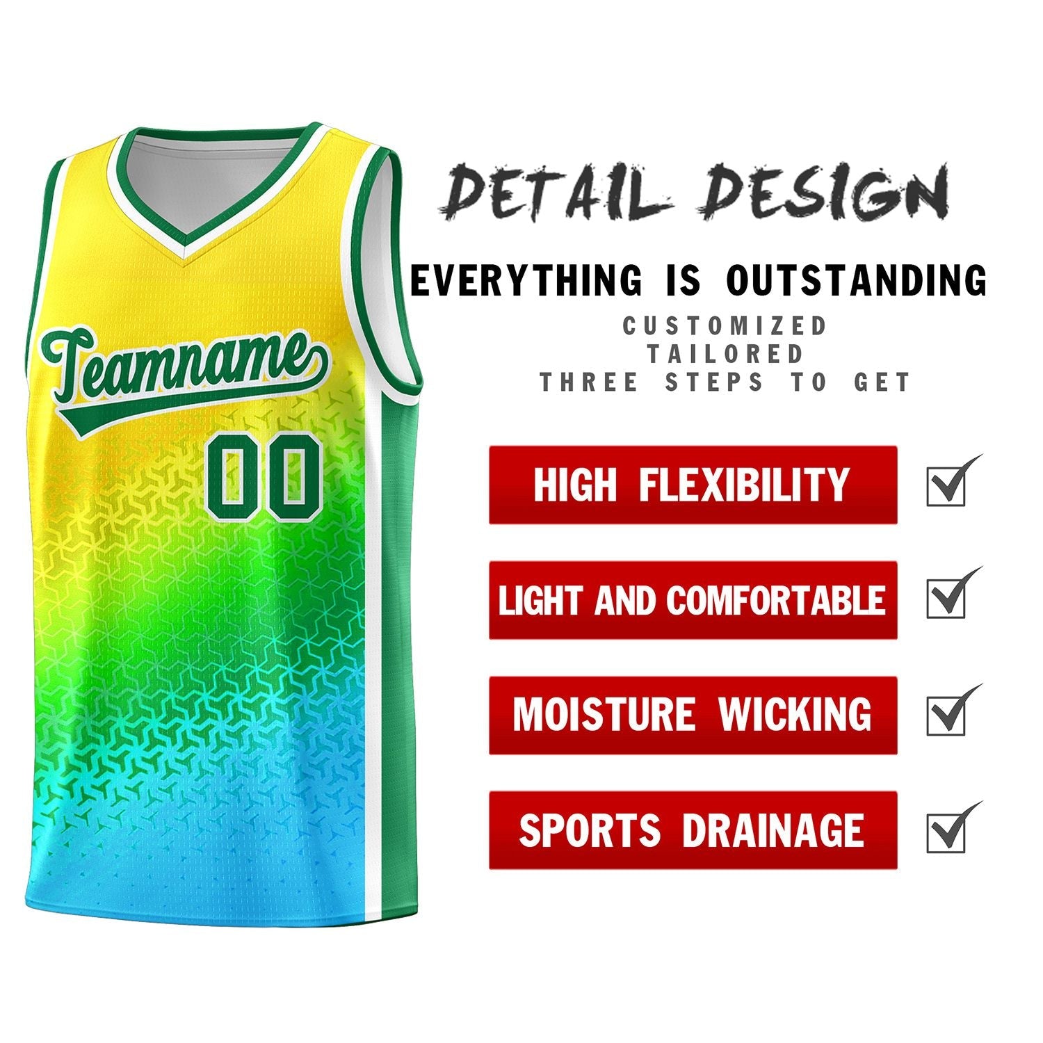 Custom Gold Light Green-Sky Blue Gradient Design Irregular Shapes Pattern Sports Uniform Basketball Jersey