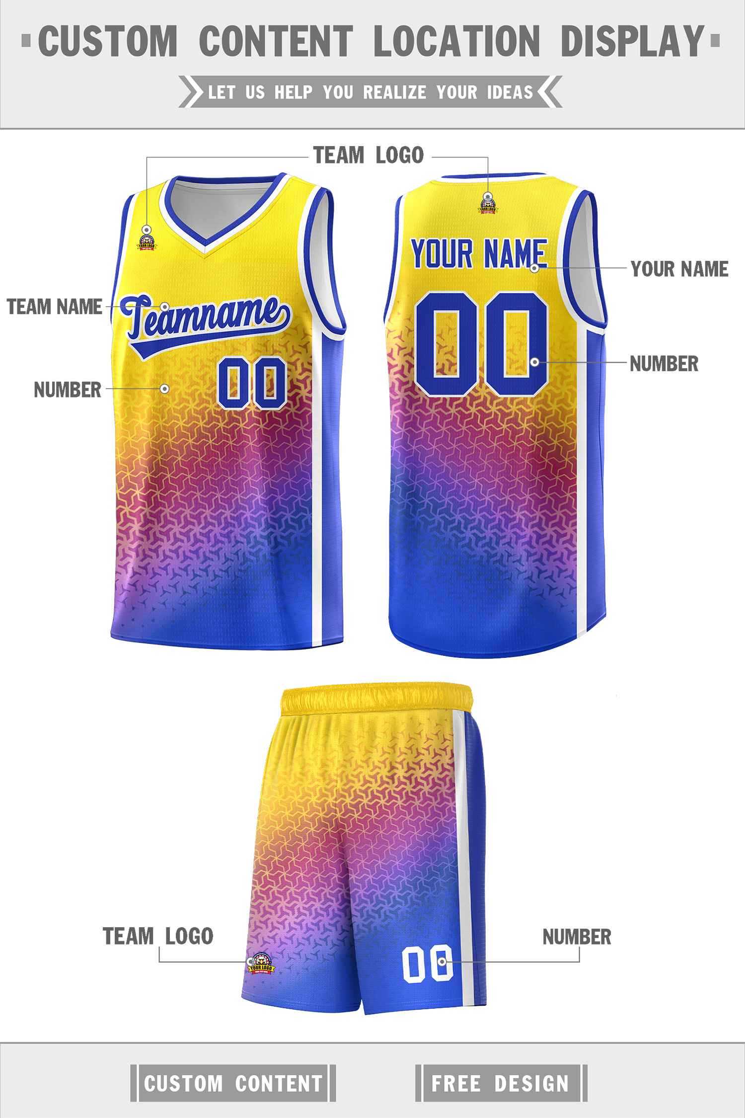 Custom Gold Purple-Royal Gradient Design Irregular Shapes Pattern Sports Uniform Basketball Jersey