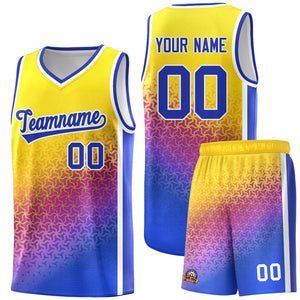 Custom Gold Purple-Royal Gradient Design Irregular Shapes Pattern Sports Uniform Basketball Jersey