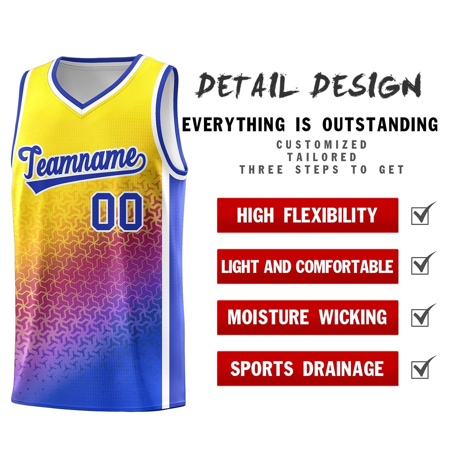 Custom Gold Purple-Royal Gradient Design Irregular Shapes Pattern Sports Uniform Basketball Jersey