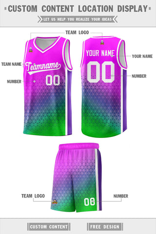 Custom Pink Purple-Neon Green Gradient Design Irregular Shapes Pattern Sports Uniform Basketball Jersey