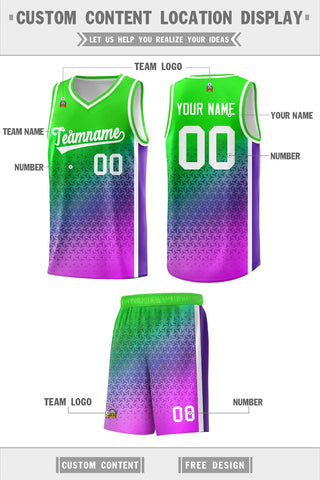 Custom Neon Green Purple-Pink Gradient Design Irregular Shapes Pattern Sports Uniform Basketball Jersey