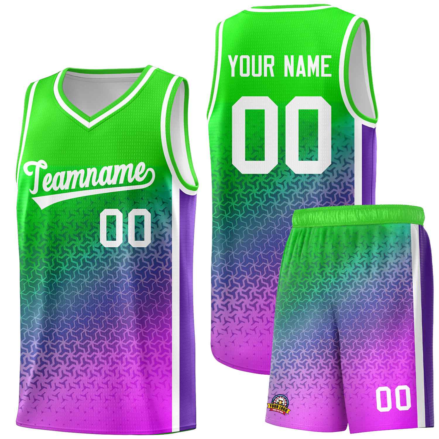 Custom Neon Green Purple-Pink Gradient Design Irregular Shapes Pattern Sports Uniform Basketball Jersey