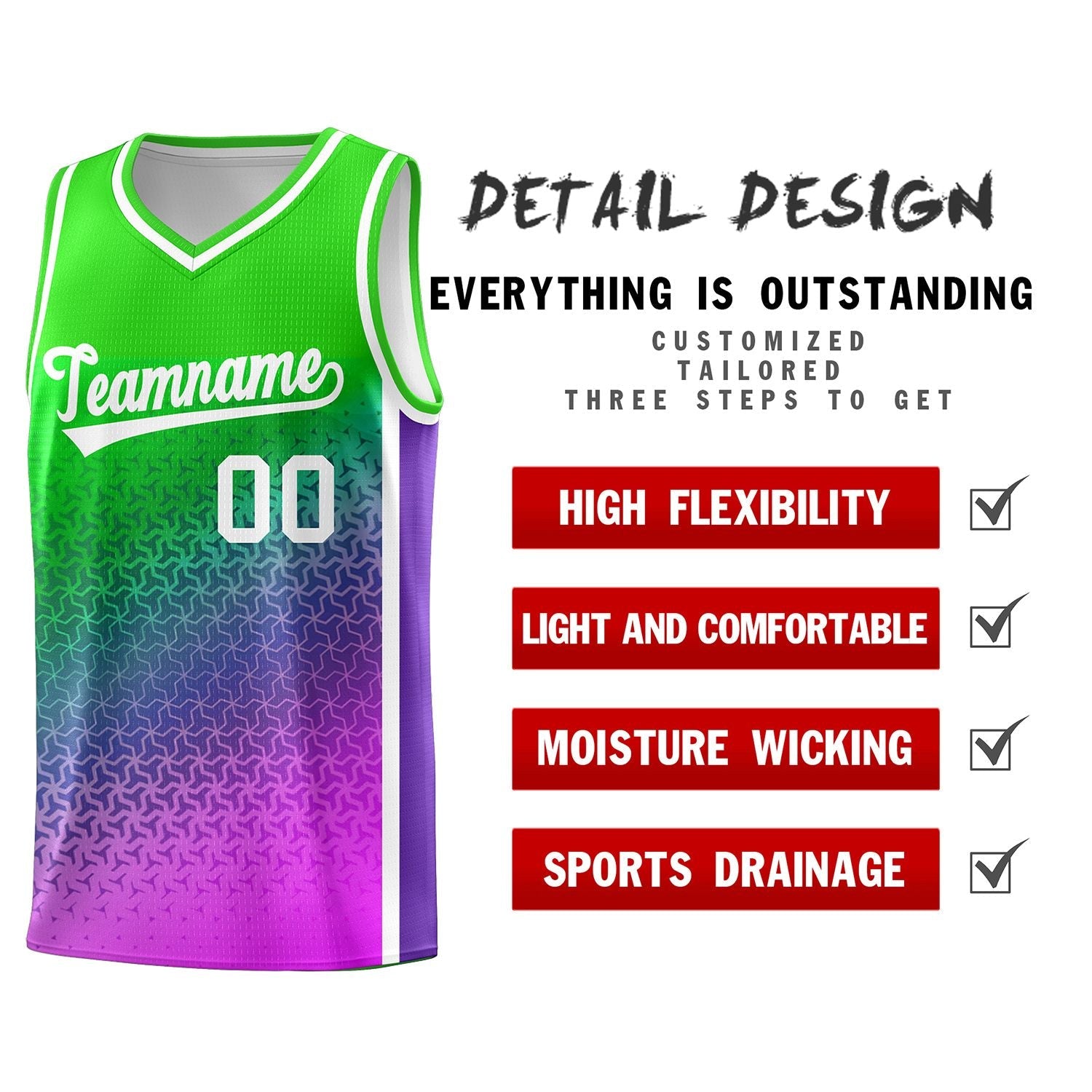 Custom Neon Green Purple-Pink Gradient Design Irregular Shapes Pattern Sports Uniform Basketball Jersey