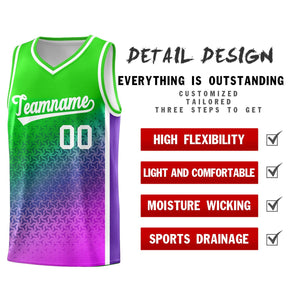 Custom Neon Green Purple-Pink Gradient Design Irregular Shapes Pattern Sports Uniform Basketball Jersey