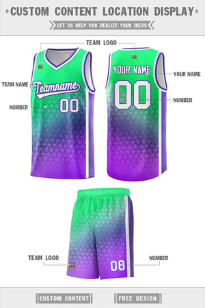 Custom Fluorescent Green Purple Gradient Design Irregular Shapes Pattern Sports Uniform Basketball Jersey