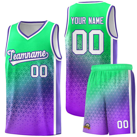 Custom Fluorescent Green Purple Gradient Design Irregular Shapes Pattern Sports Uniform Basketball Jersey