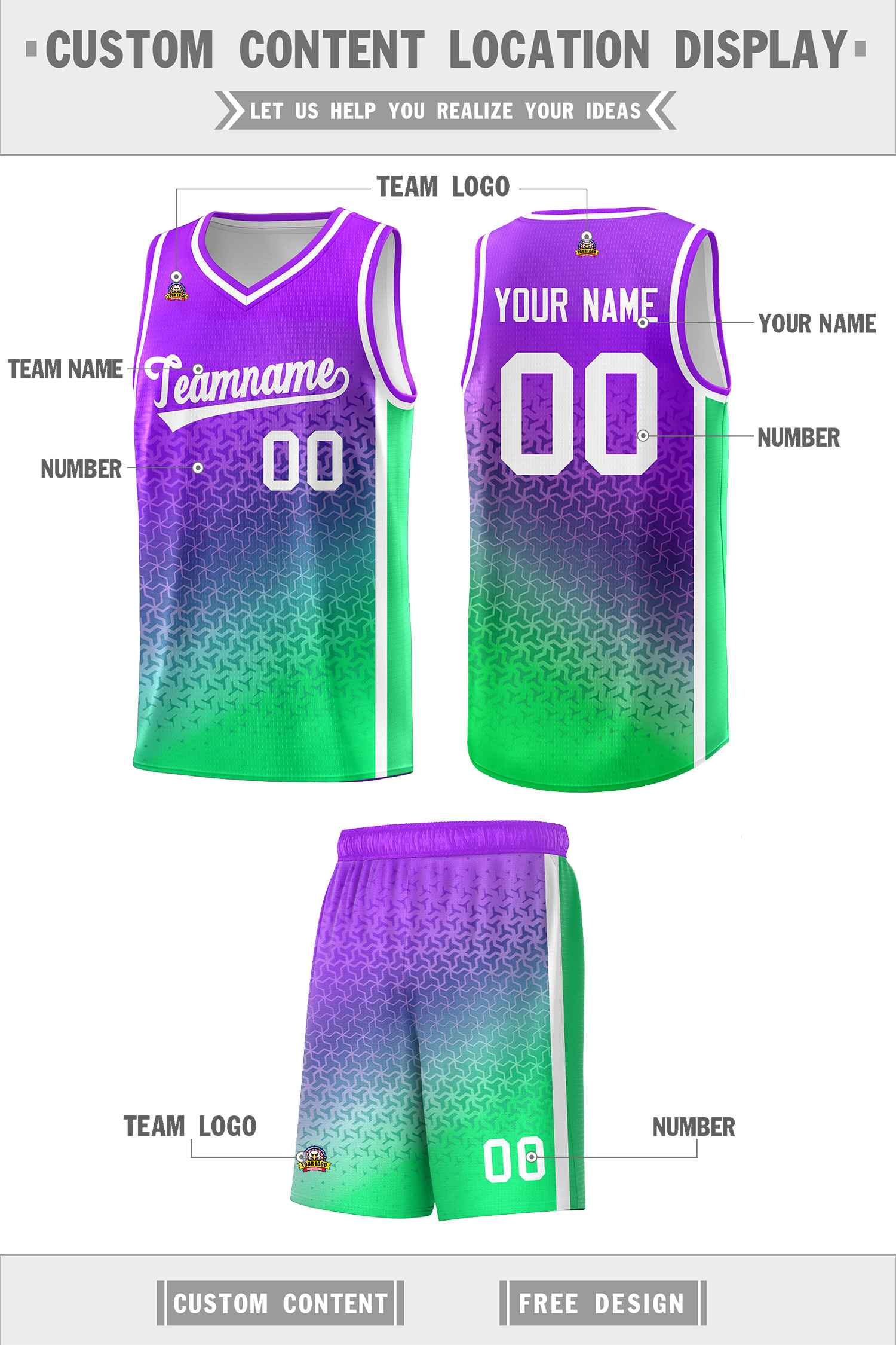 Custom Purple Fluorescent Green Gradient Design Irregular Shapes Pattern Sports Uniform Basketball Jersey