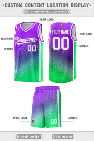 Custom Purple Fluorescent Green Gradient Design Irregular Shapes Pattern Sports Uniform Basketball Jersey