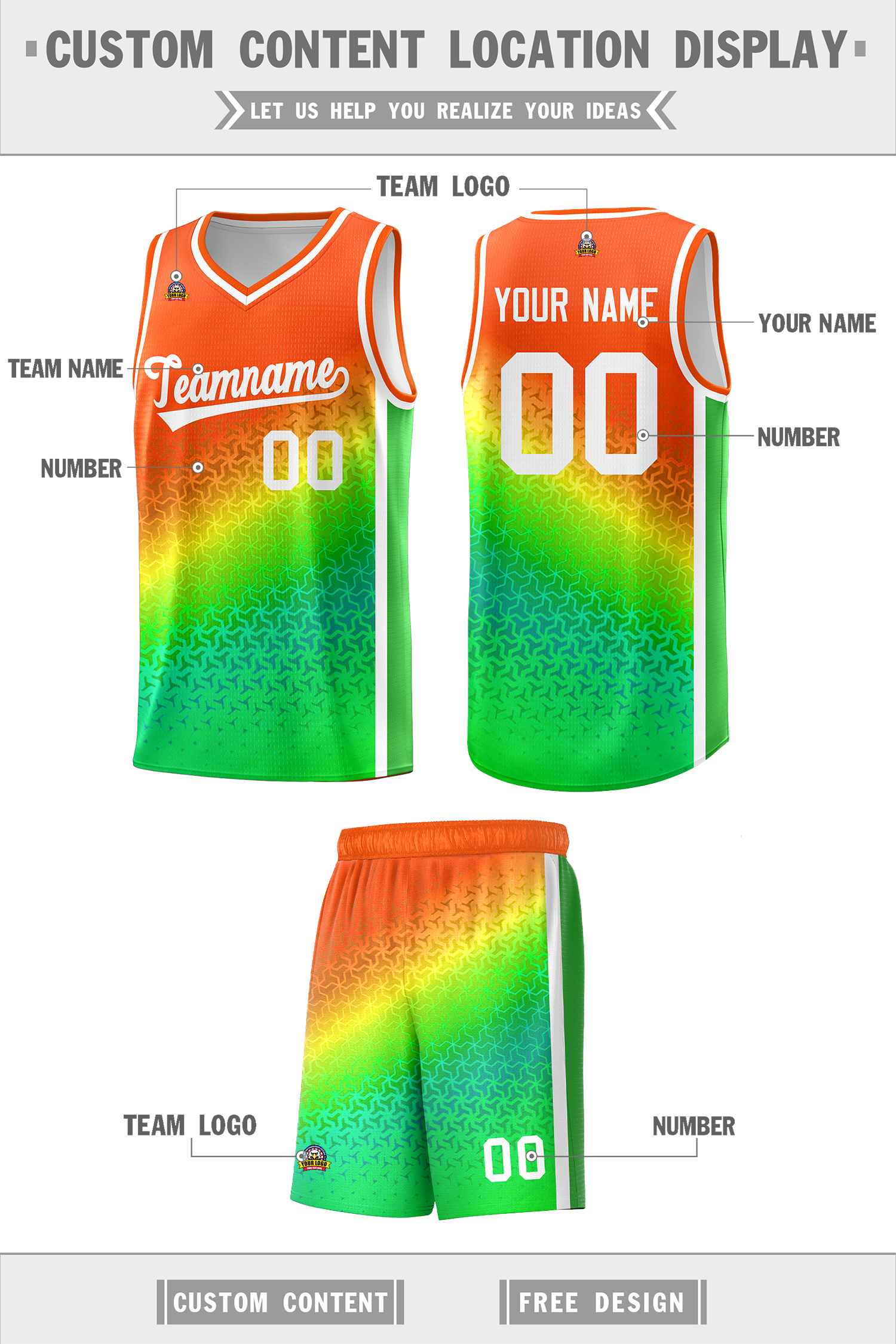 Custom Orange Light Green Gradient Design Irregular Shapes Pattern Sports Uniform Basketball Jersey