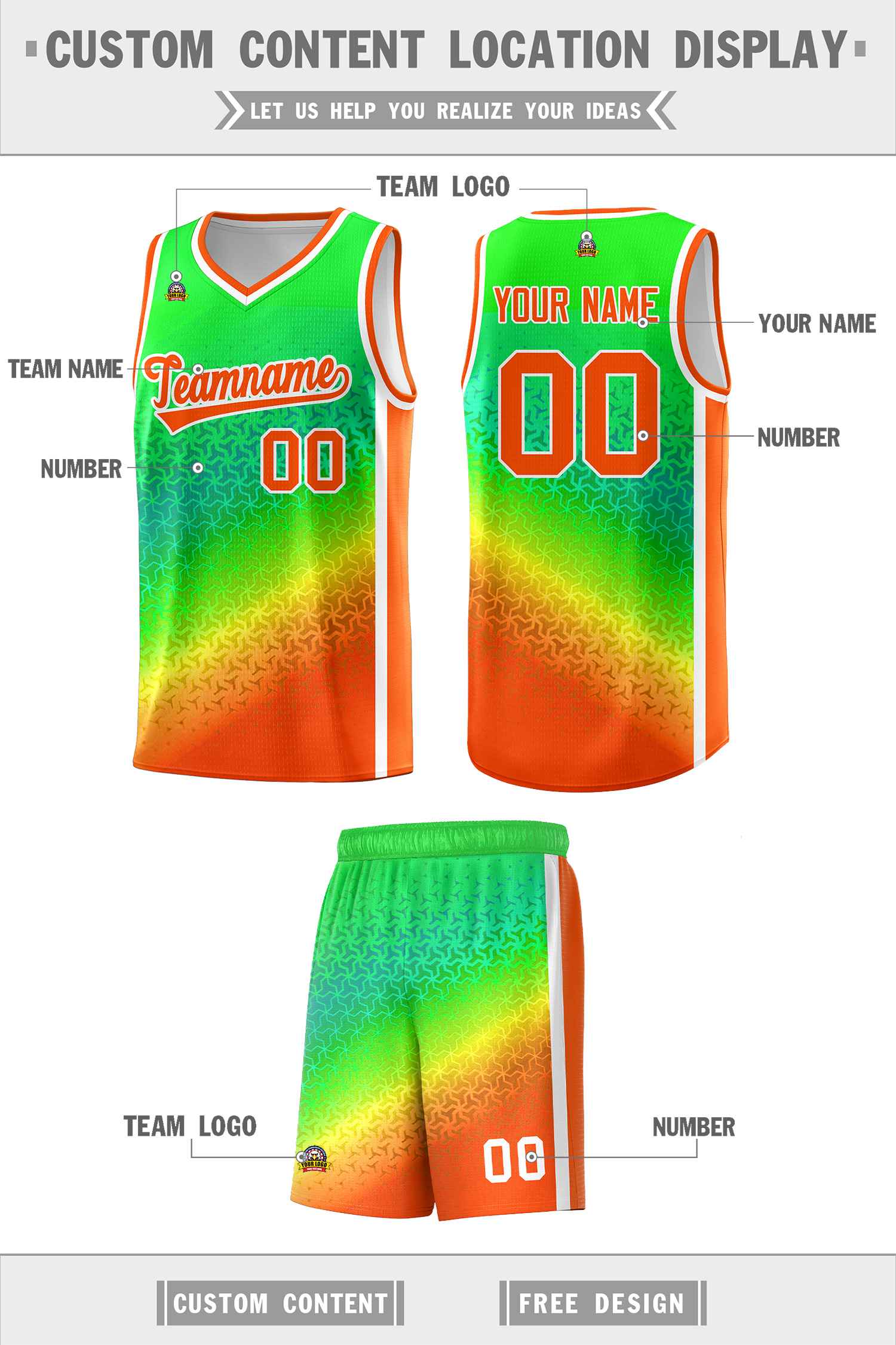 Custom Light Green Orange Gradient Design Irregular Shapes Pattern Sports Uniform Basketball Jersey