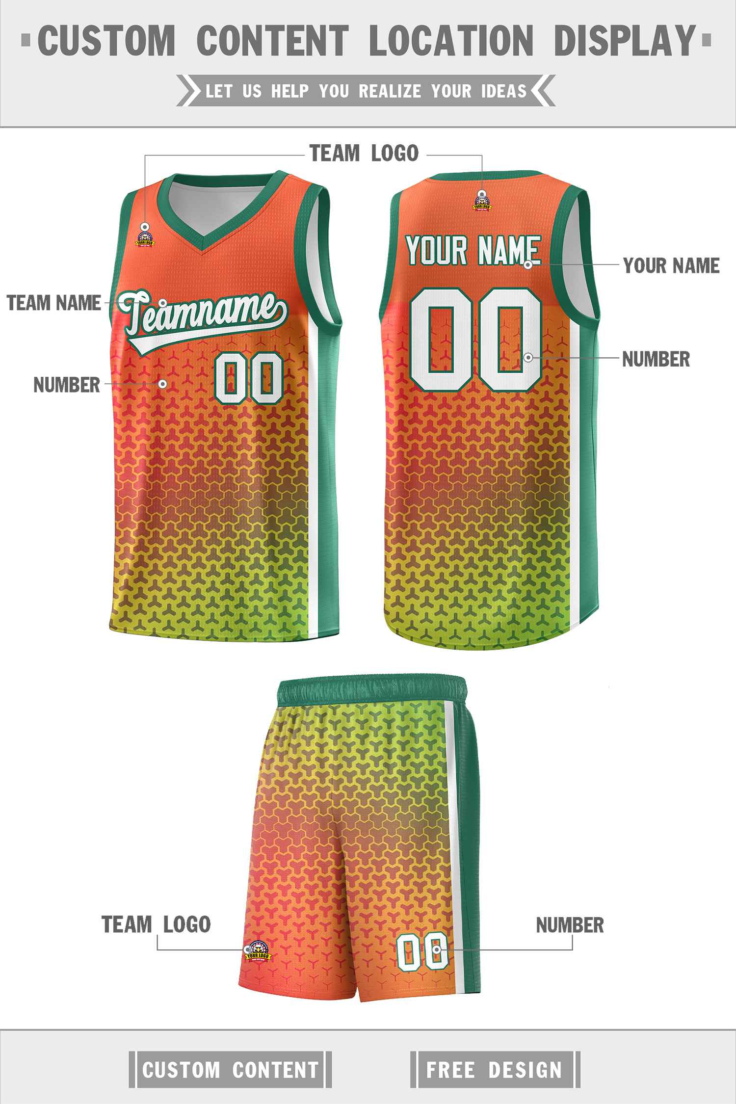 Custom Orange Kelly Green Gradient Design Irregular Shapes Pattern Sports Uniform Basketball Jersey