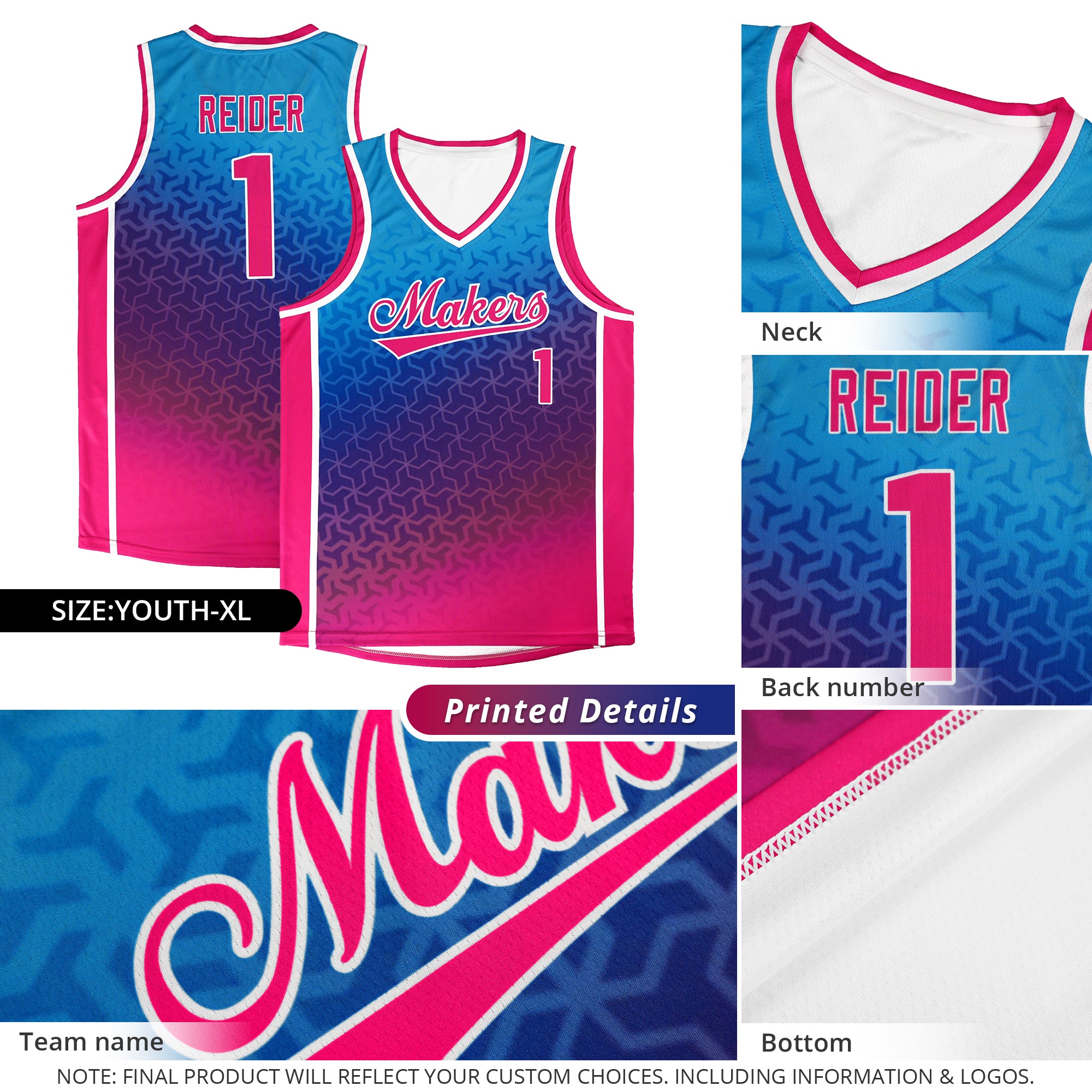 Custom Powder Blue Pink Gradient Design Irregular Shapes Pattern Sports Uniform Basketball Jersey