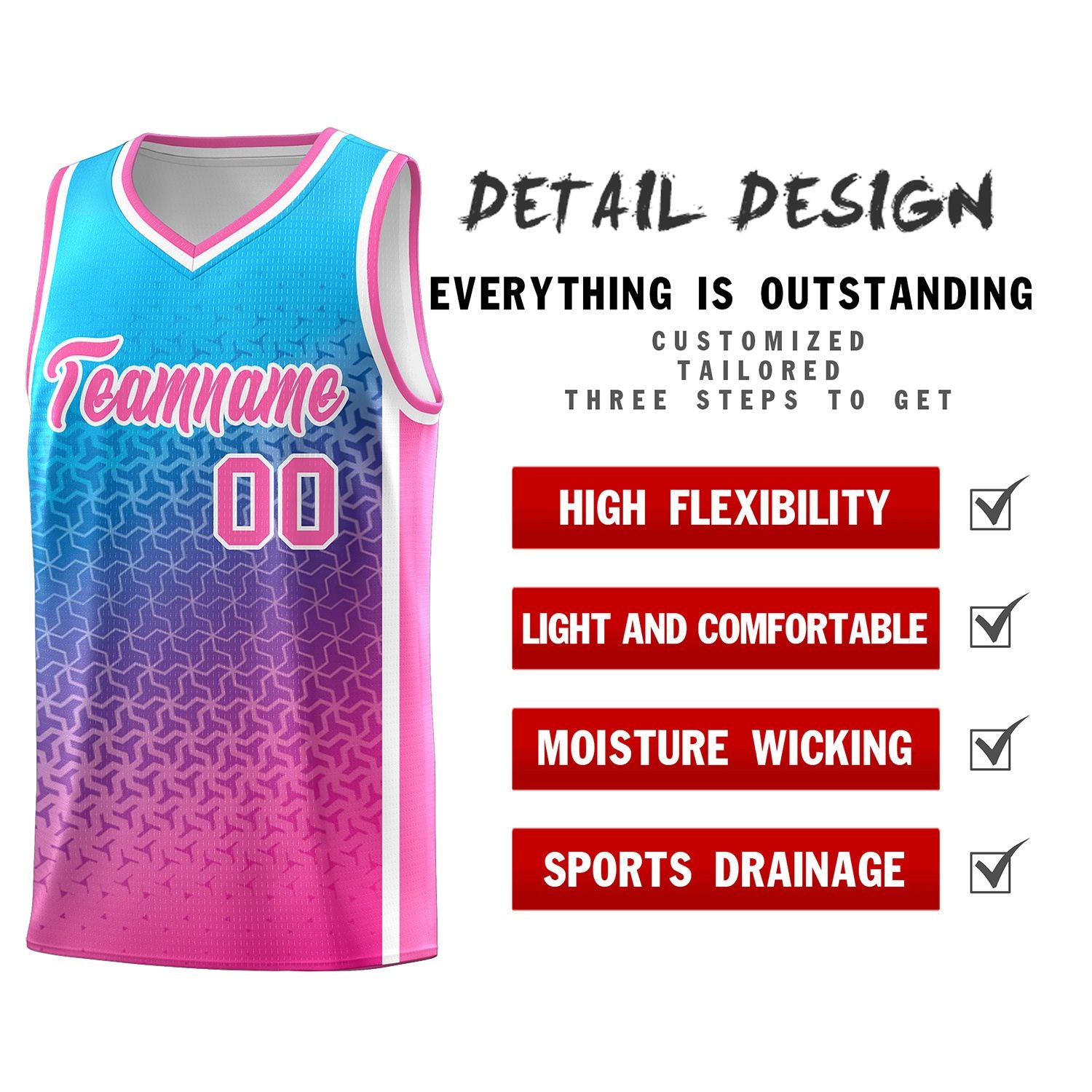 Custom Powder Blue Pink Gradient Design Irregular Shapes Pattern Sports Uniform Basketball Jersey