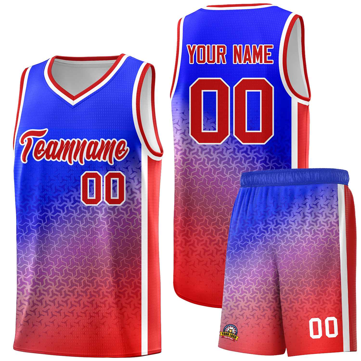 Custom Royal Red Gradient Design Irregular Shapes Pattern Sports Uniform Basketball Jersey