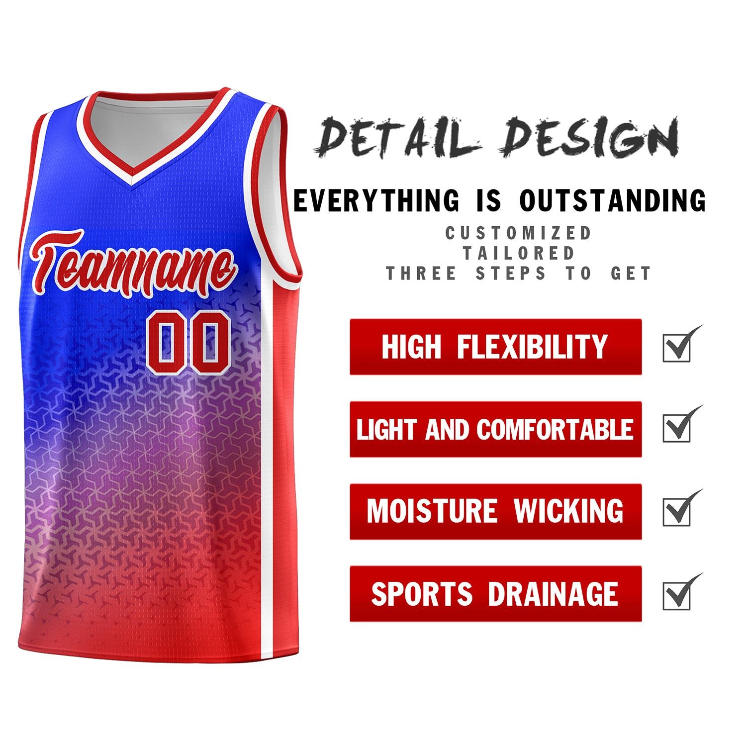 Custom Royal Red Gradient Design Irregular Shapes Pattern Sports Uniform Basketball Jersey