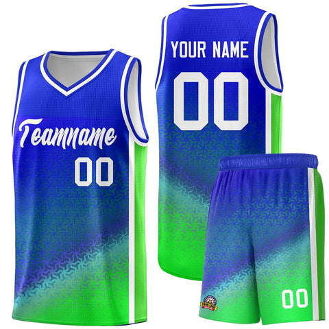 Custom Royal Fluorescent Green Gradient Design Irregular Shapes Pattern Sports Uniform Basketball Jersey