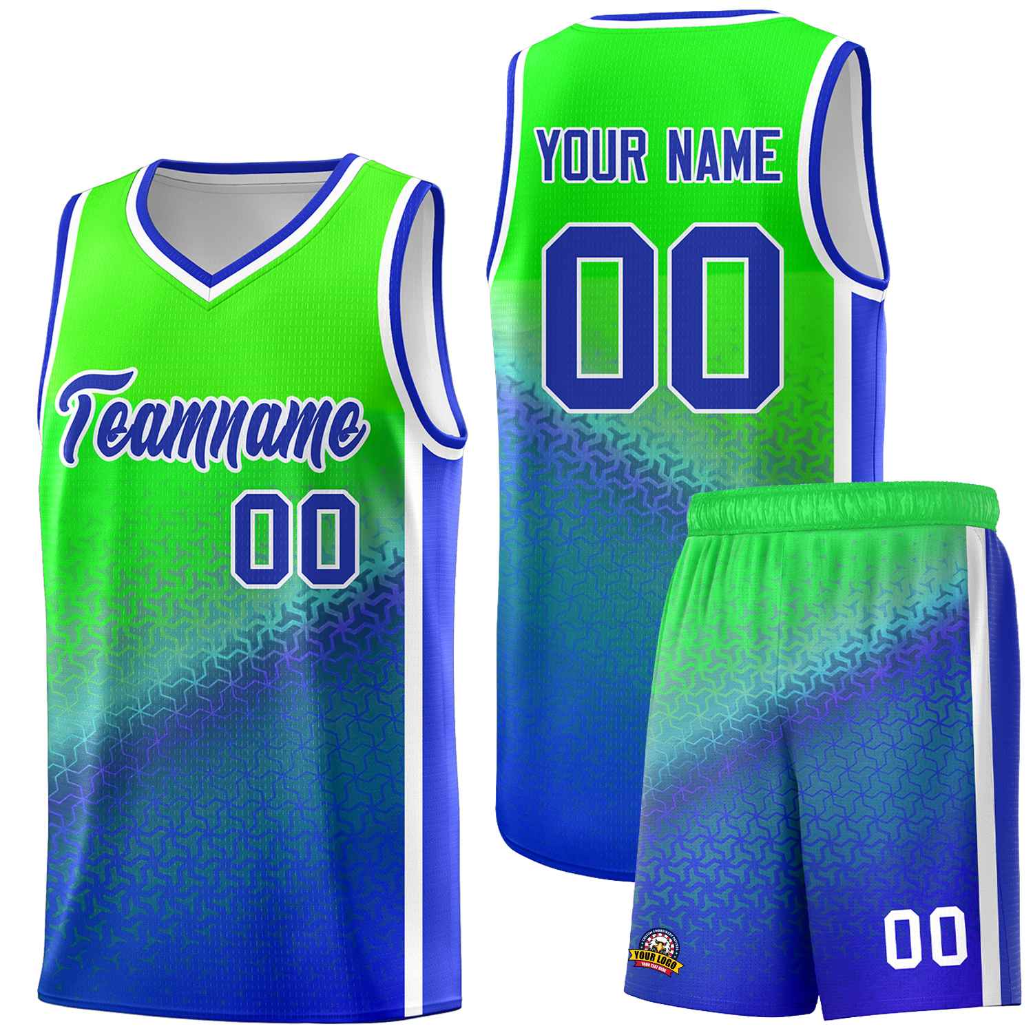 Custom Fluorescent Green Royal Gradient Design Irregular Shapes Pattern Sports Uniform Basketball Jersey