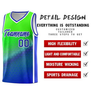 Custom Fluorescent Green Royal Gradient Design Irregular Shapes Pattern Sports Uniform Basketball Jersey