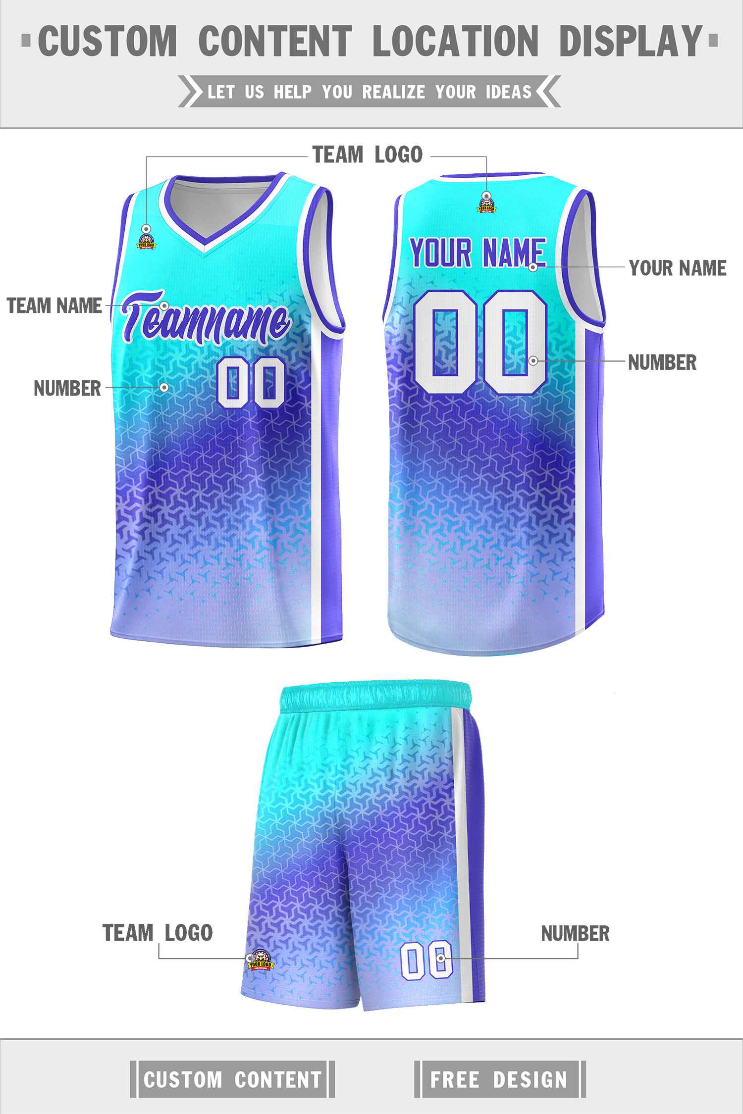 Custom Sky Blue Light Purple Gradient Design Irregular Shapes Pattern Sports Uniform Basketball Jersey