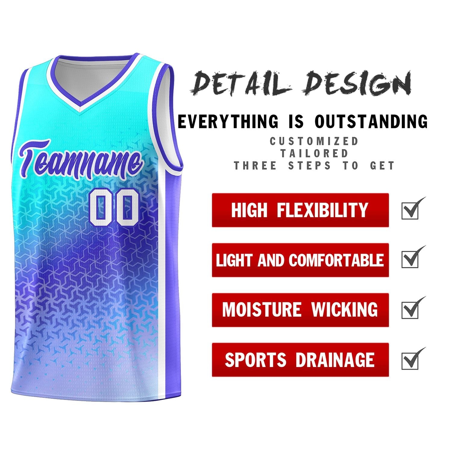 Custom Sky Blue Light Purple Gradient Design Irregular Shapes Pattern Sports Uniform Basketball Jersey