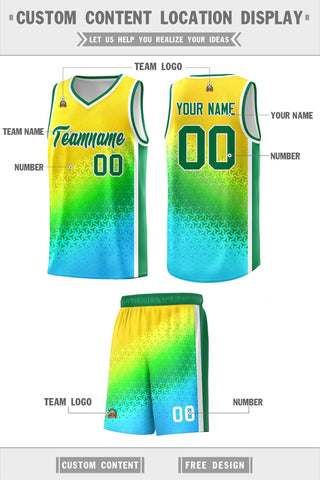 Custom Gold Light Green-Sky Blue Gradient Design Irregular Shapes Pattern Sports Uniform Basketball Jersey