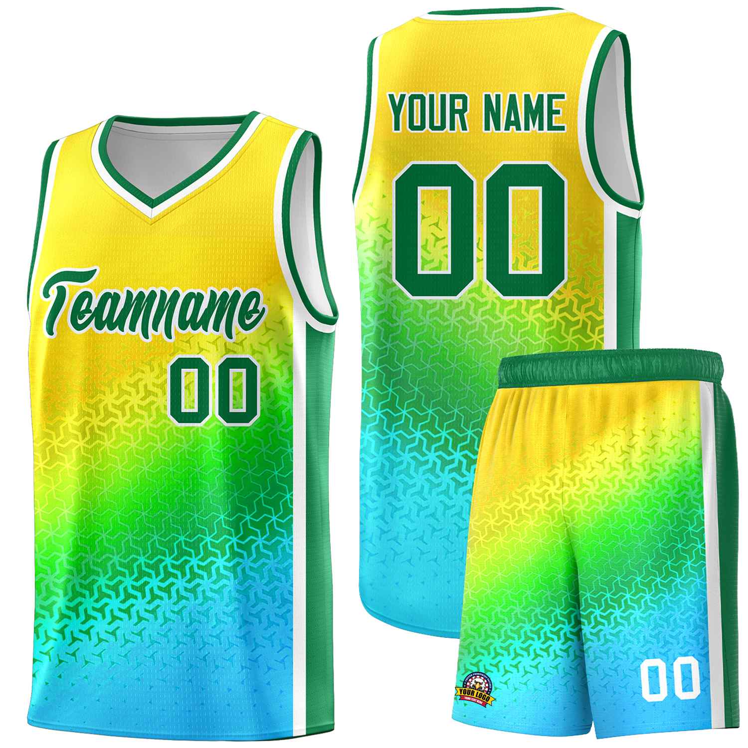 Custom Gold Light Green-Sky Blue Gradient Design Irregular Shapes Pattern Sports Uniform Basketball Jersey