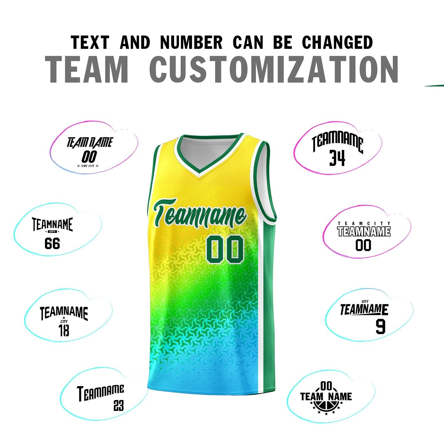 Custom Gold Light Green-Sky Blue Gradient Design Irregular Shapes Pattern Sports Uniform Basketball Jersey