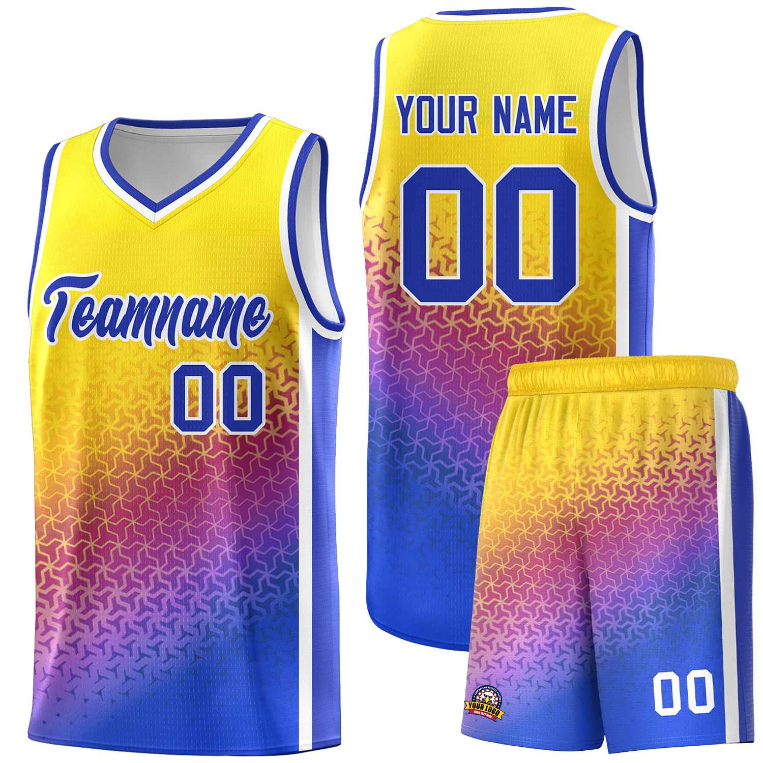 Custom Gold Purple-Royal Gradient Design Irregular Shapes Pattern Sports Uniform Basketball Jersey