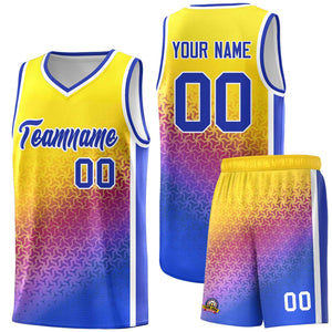 Custom Gold Purple-Royal Gradient Design Irregular Shapes Pattern Sports Uniform Basketball Jersey