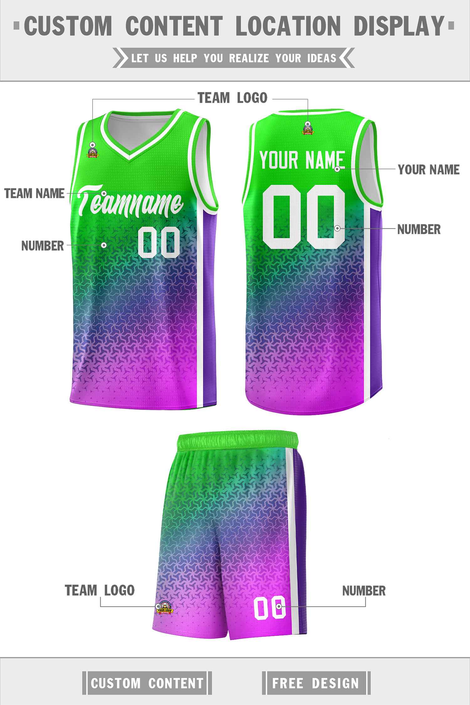 Custom Neon Green Purple-Pink Gradient Design Irregular Shapes Pattern Sports Uniform Basketball Jersey