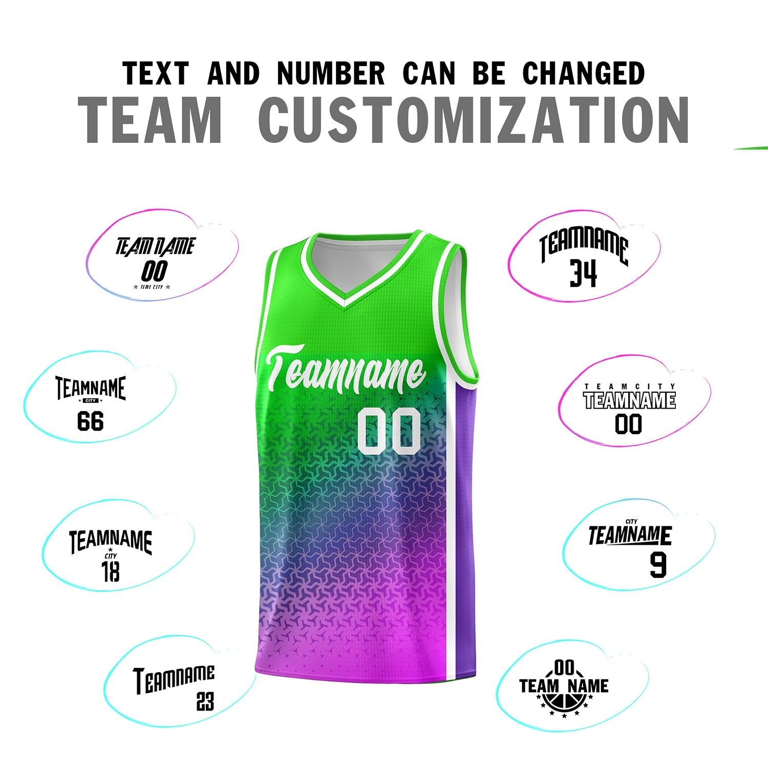 Custom Neon Green Purple-Pink Gradient Design Irregular Shapes Pattern Sports Uniform Basketball Jersey