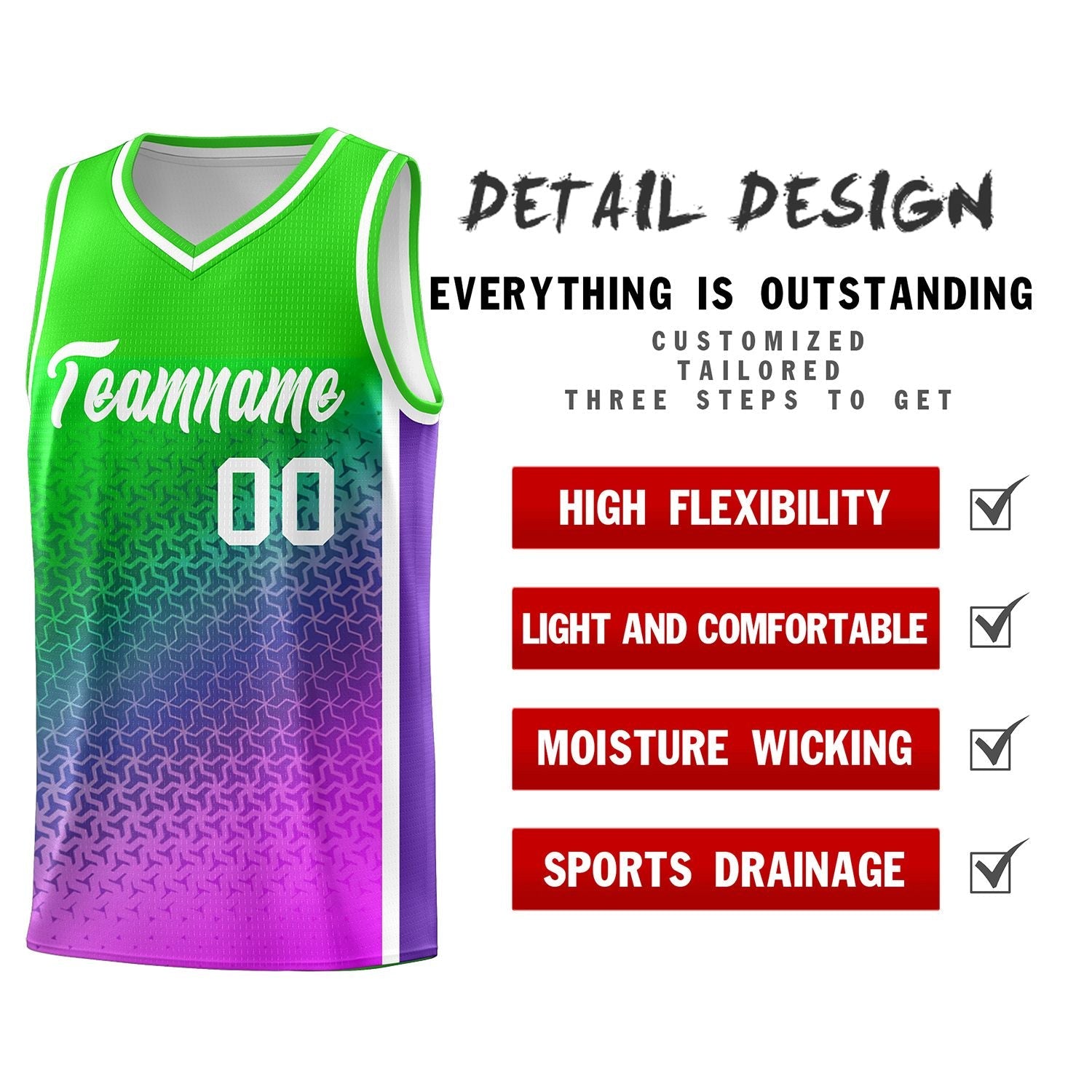 Custom Neon Green Purple-Pink Gradient Design Irregular Shapes Pattern Sports Uniform Basketball Jersey