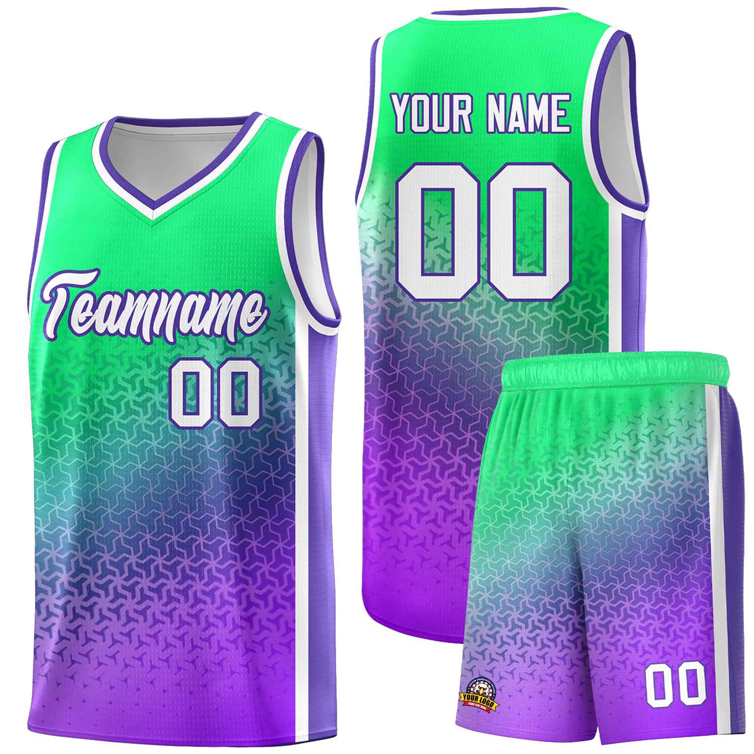 Custom Fluorescent Green Purple Gradient Design Irregular Shapes Pattern Sports Uniform Basketball Jersey