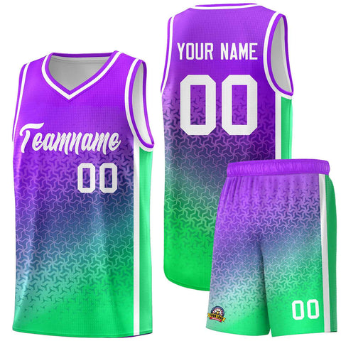 Custom Purple Fluorescent Green Gradient Design Irregular Shapes Pattern Sports Uniform Basketball Jersey