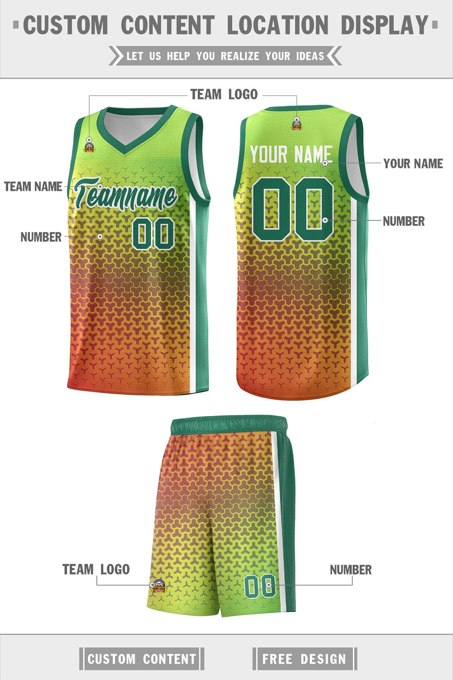 Custom Kelly Green Orange Gradient Design Irregular Shapes Pattern Sports Uniform Basketball Jersey