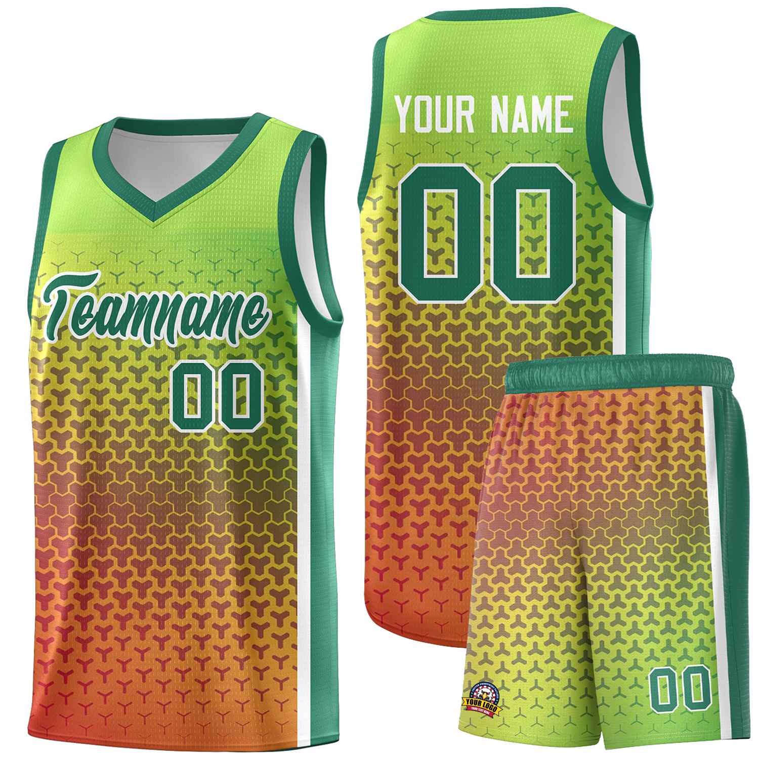 Custom Kelly Green Orange Gradient Design Irregular Shapes Pattern Sports Uniform Basketball Jersey