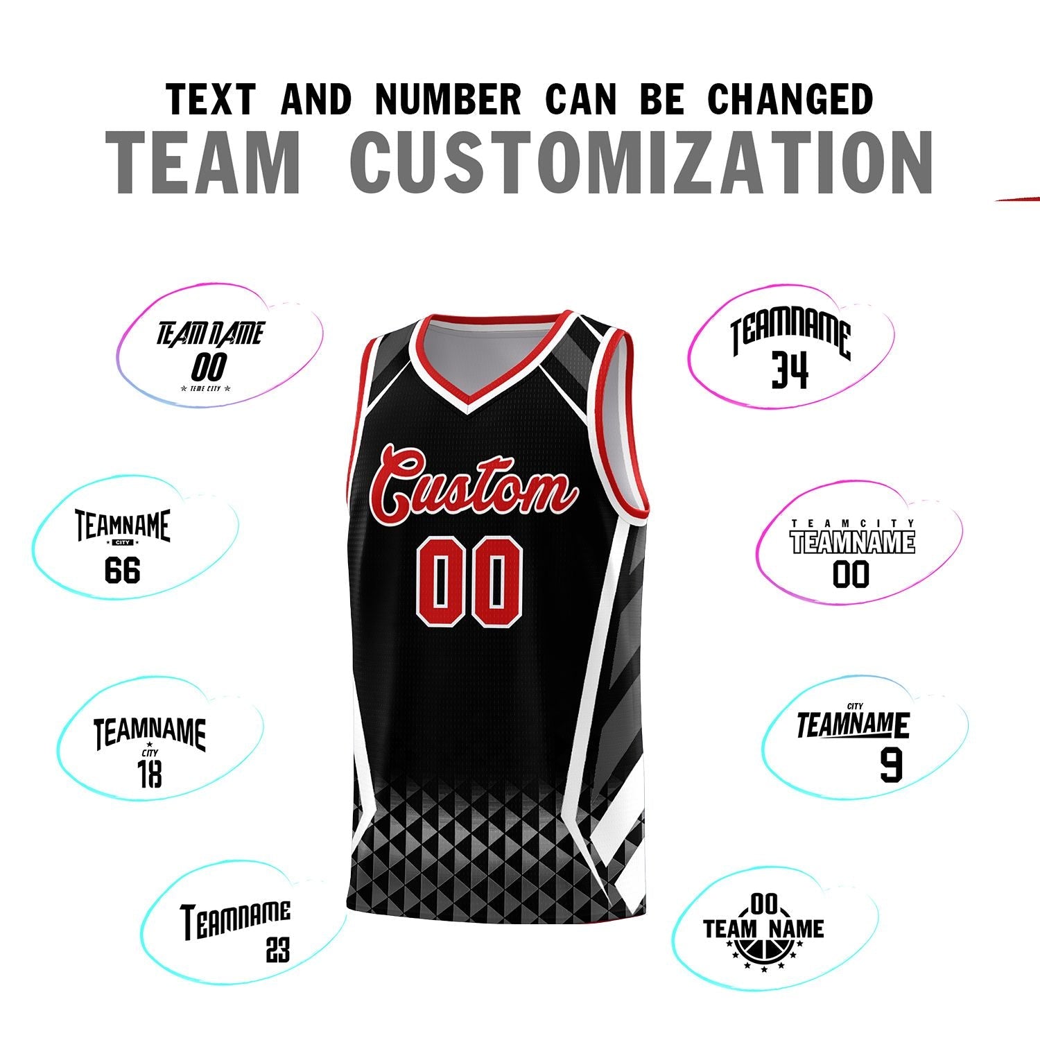 Custom Black Red Diamond Pattern Side Slash Sports Uniform Basketball Jersey