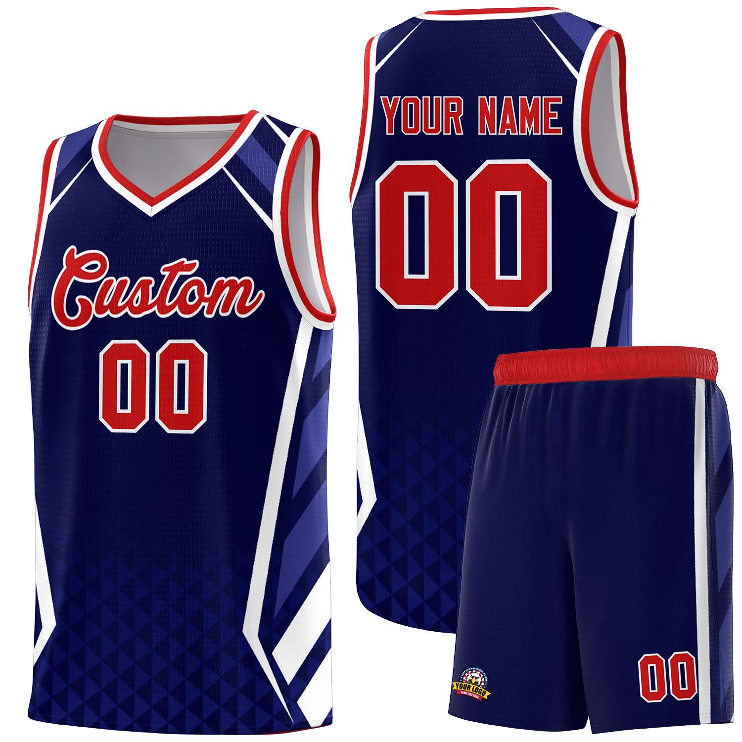 Custom Navy Red Diamond Pattern Side Slash Sports Uniform Basketball Jersey