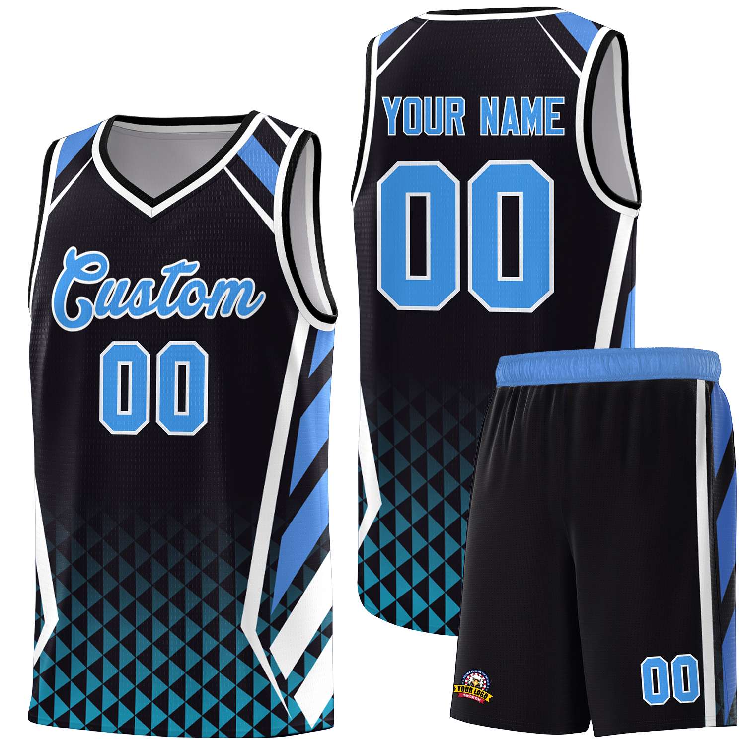 Custom Black Powder Blue Diamond Pattern Side Slash Sports Uniform Basketball Jersey