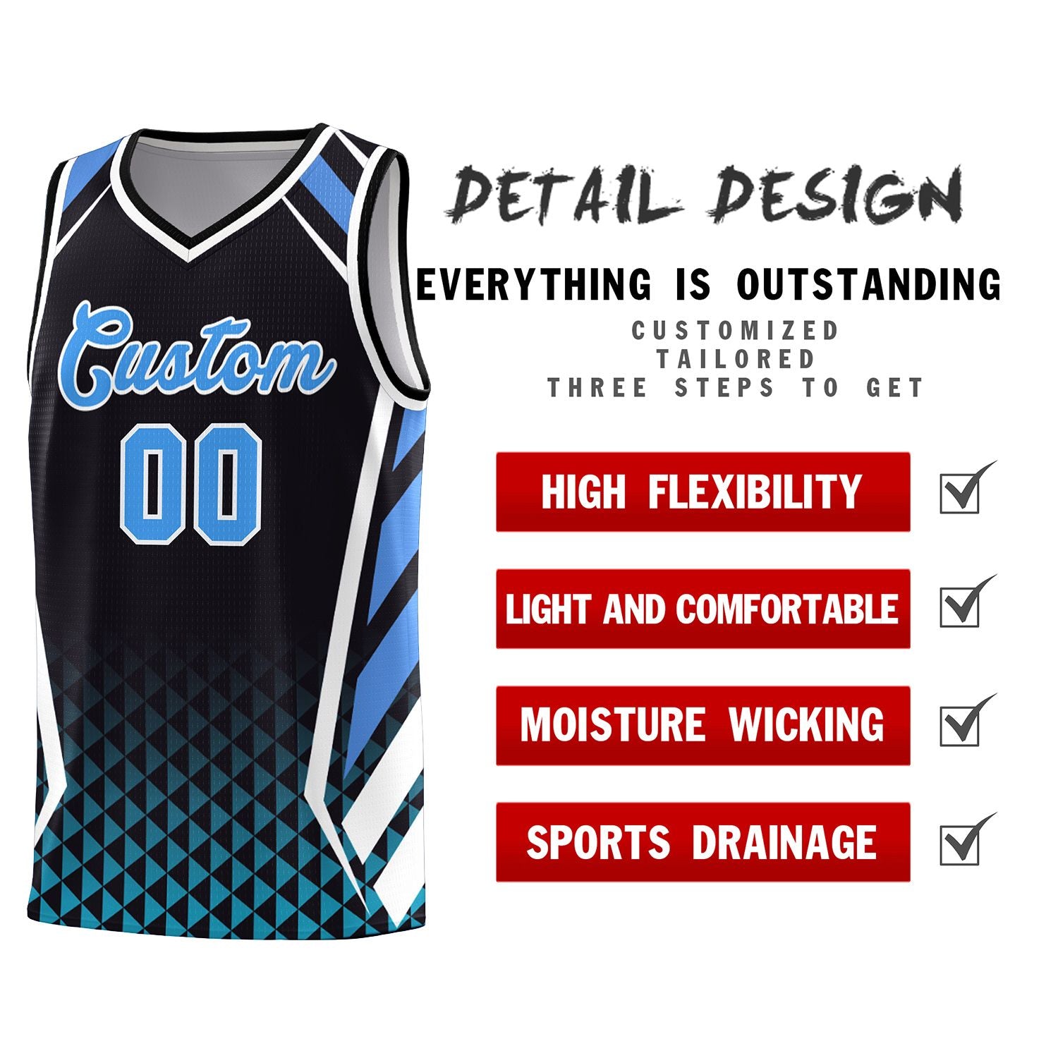 Custom Black Powder Blue Diamond Pattern Side Slash Sports Uniform Basketball Jersey