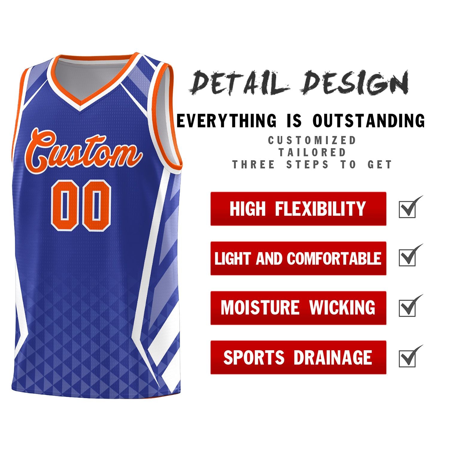 Custom Royal Orange Diamond Pattern Side Slash Sports Uniform Basketball Jersey