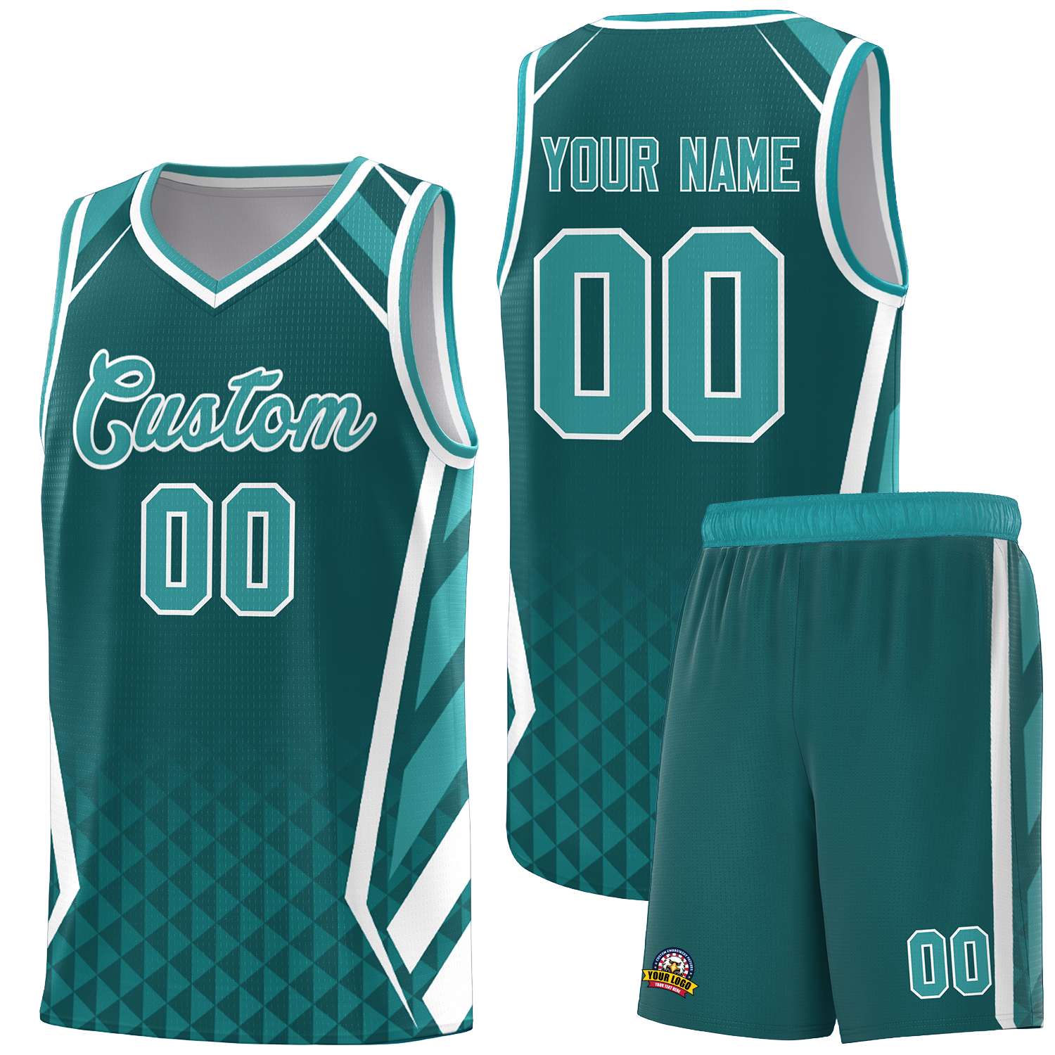 Custom Aqua White Diamond Pattern Side Slash Sports Uniform Basketball Jersey