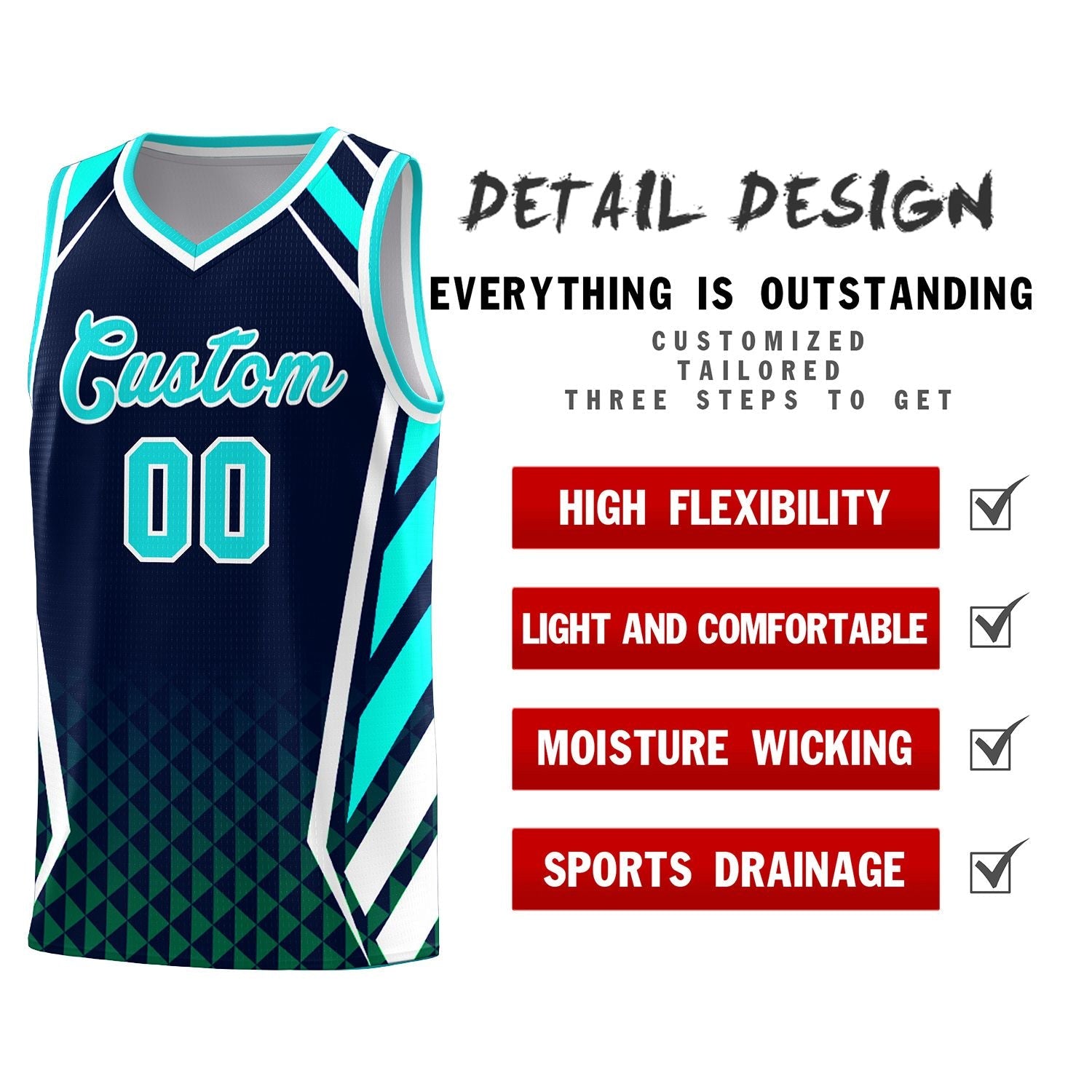 Custom Navy Sky Blue Diamond Pattern Side Slash Sports Uniform Basketball Jersey