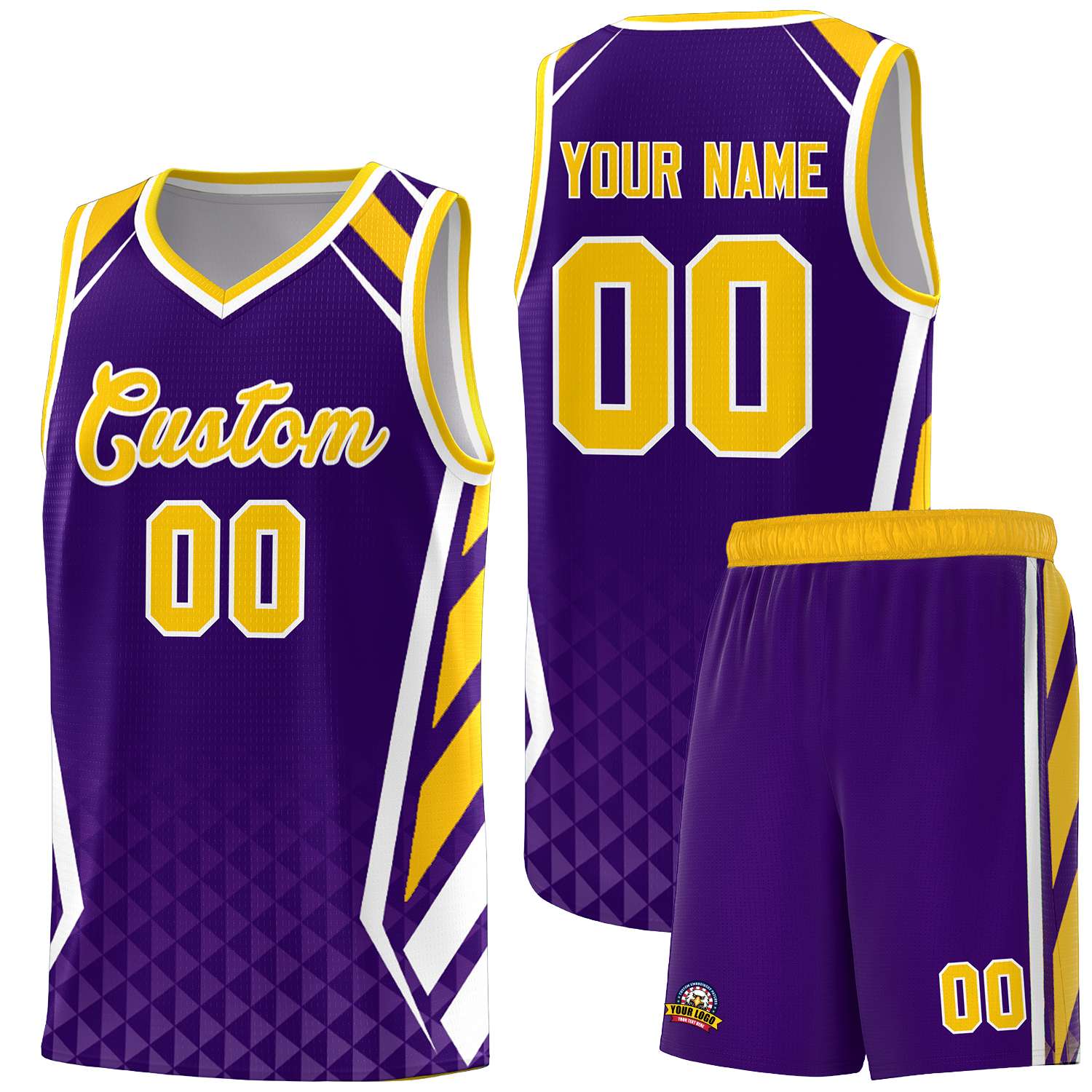 Custom Purple Gold Diamond Pattern Side Slash Sports Uniform Basketball Jersey